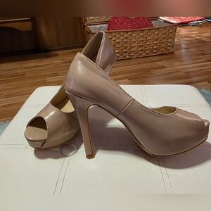 Nude Shiny Peep-Toe 4" Heel Toe Stiletto Pump Platform Vintage Shoes S 6.5